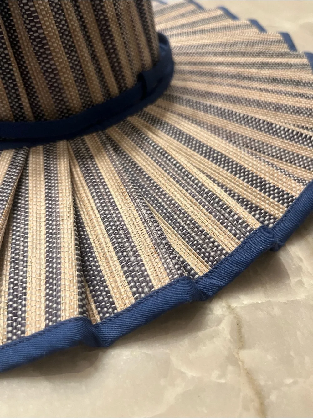 Striped blue and Cream Pleated Wide-Brim Sun Hat Lorna Murray